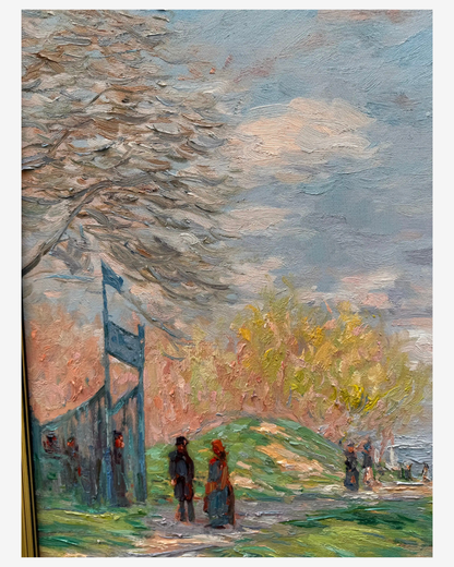 Close-up view of impressionist brushstrokes on Monet Spring by the Seine painting, showing riverside figures and trees