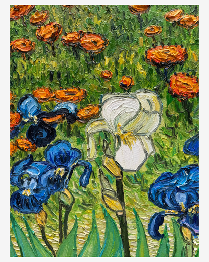 Close-up detail of Van Gogh Irises and Poppies hand-painted oil painting, thick impasto canvas texture