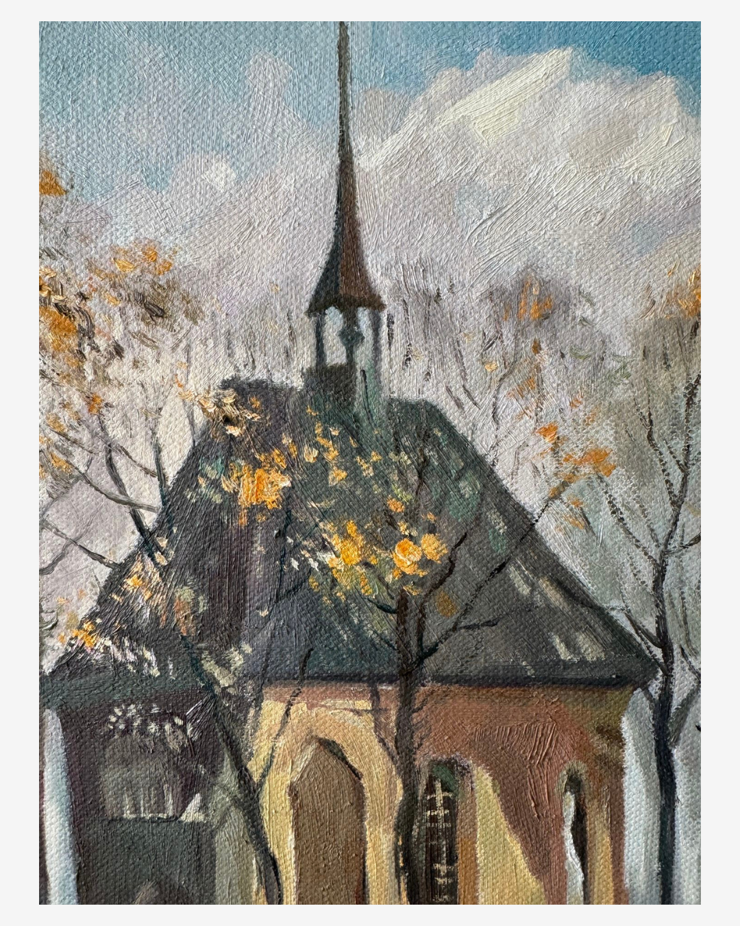 Detailed view of the church spire in Van Gogh's Church at Nuenen hand-painted reproduction