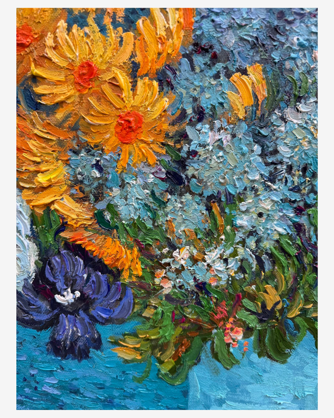 Close-up view of textured brushstrokes on Van Gogh Cornflowers and Daisies oil painting, showing delicate white blooms