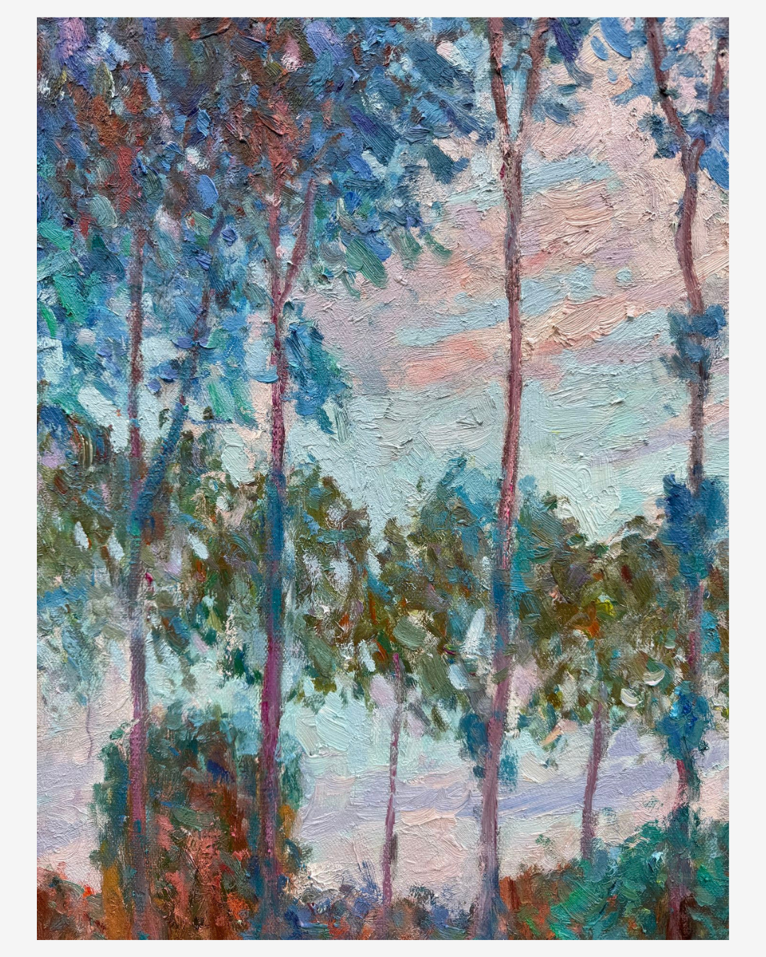 Close-up of impressionist brushstrokes on Monet Poplars painting, showing tree and sky details