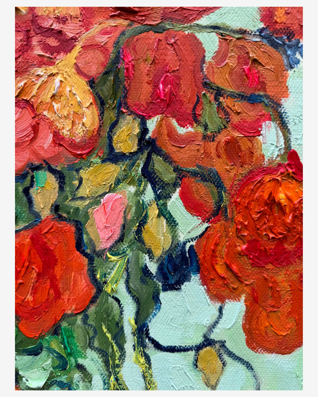 Close-up view of Van Gogh Red Poppies and Daisies oil painting, showing flower details and textured brushstrokes