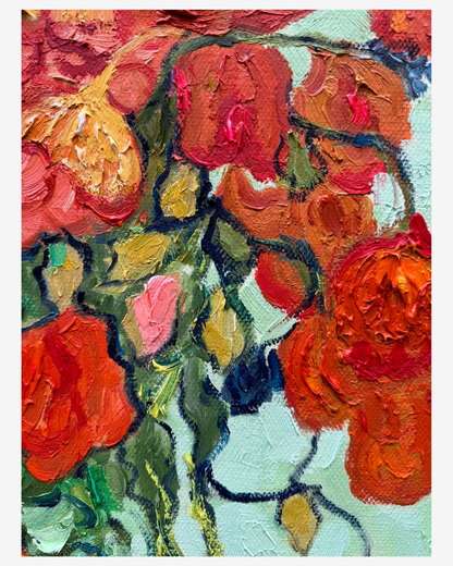Close-up view of Van Gogh Red Poppies and Daisies oil painting, showing flower details and textured brushstrokes