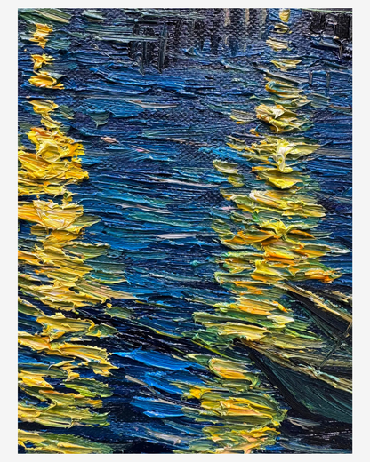 Close-up view of Van Gogh Starry Night Over the Rhône oil painting, showing riverside lights and reflections