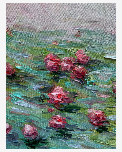 Close-up of pink water lily blooms and soft brushstrokes on Monet Water Lilies painting