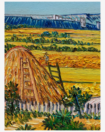 Close-up of haystack and wheat field brushstrokes on Van Gogh The Harvest oil painting