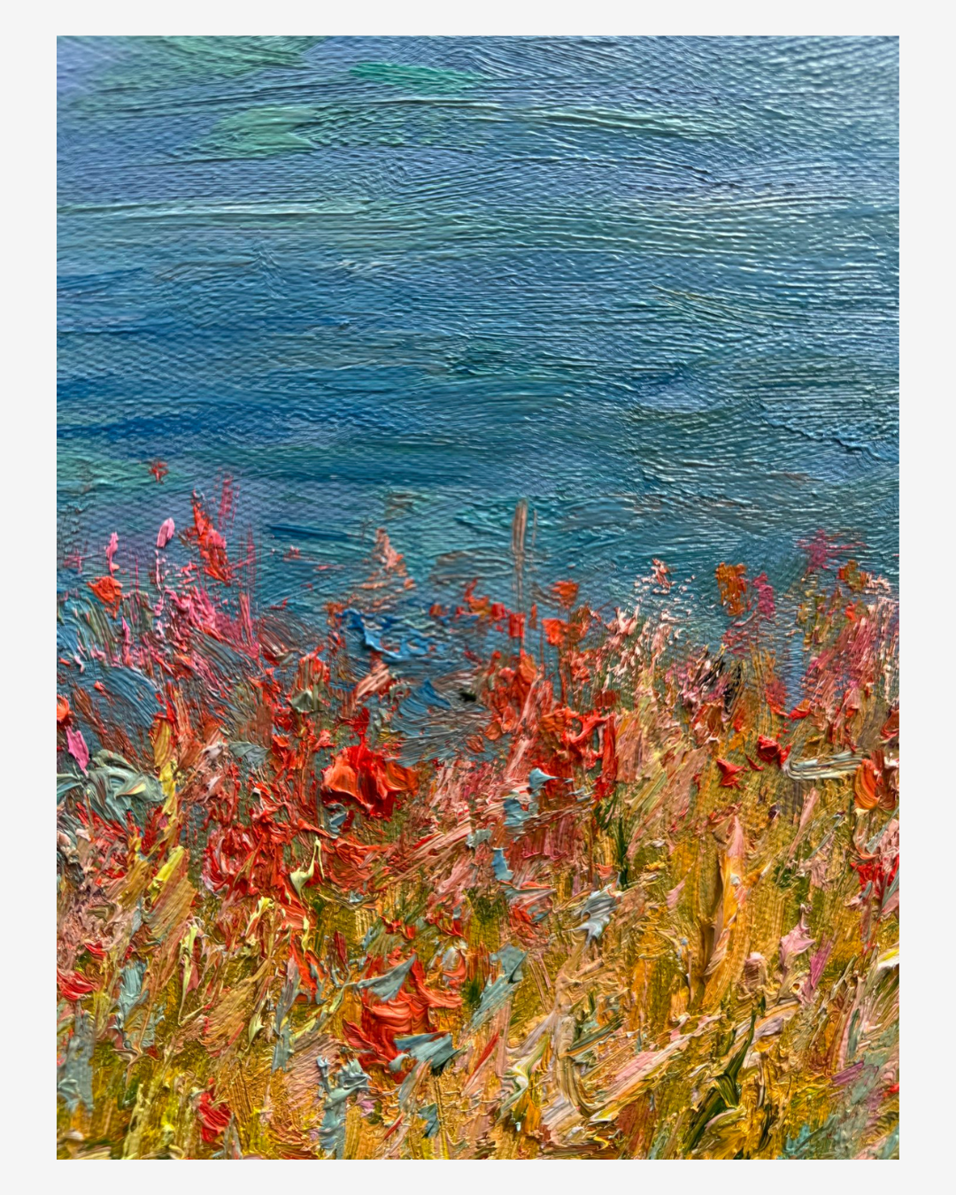 Detailed shot of ocean waves and wildflower field on hand-painted Monet Cliffs at Pourville reproduction