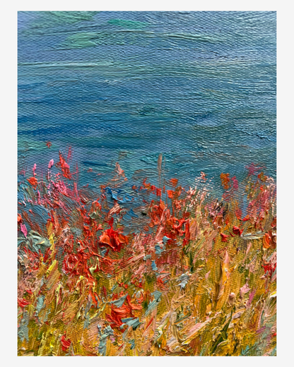 Detailed shot of ocean waves and wildflower field on hand-painted Monet Cliffs at Pourville reproduction