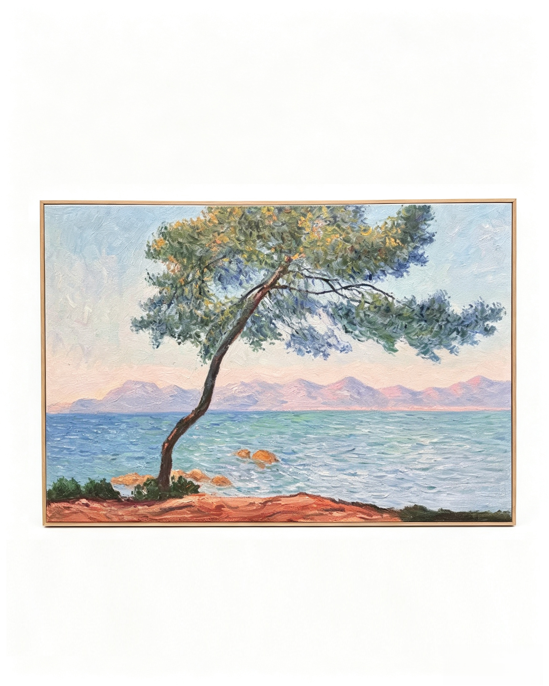 Handpainted Monet Antibes seaside pine tree oil painting reproduction with natural wood frame