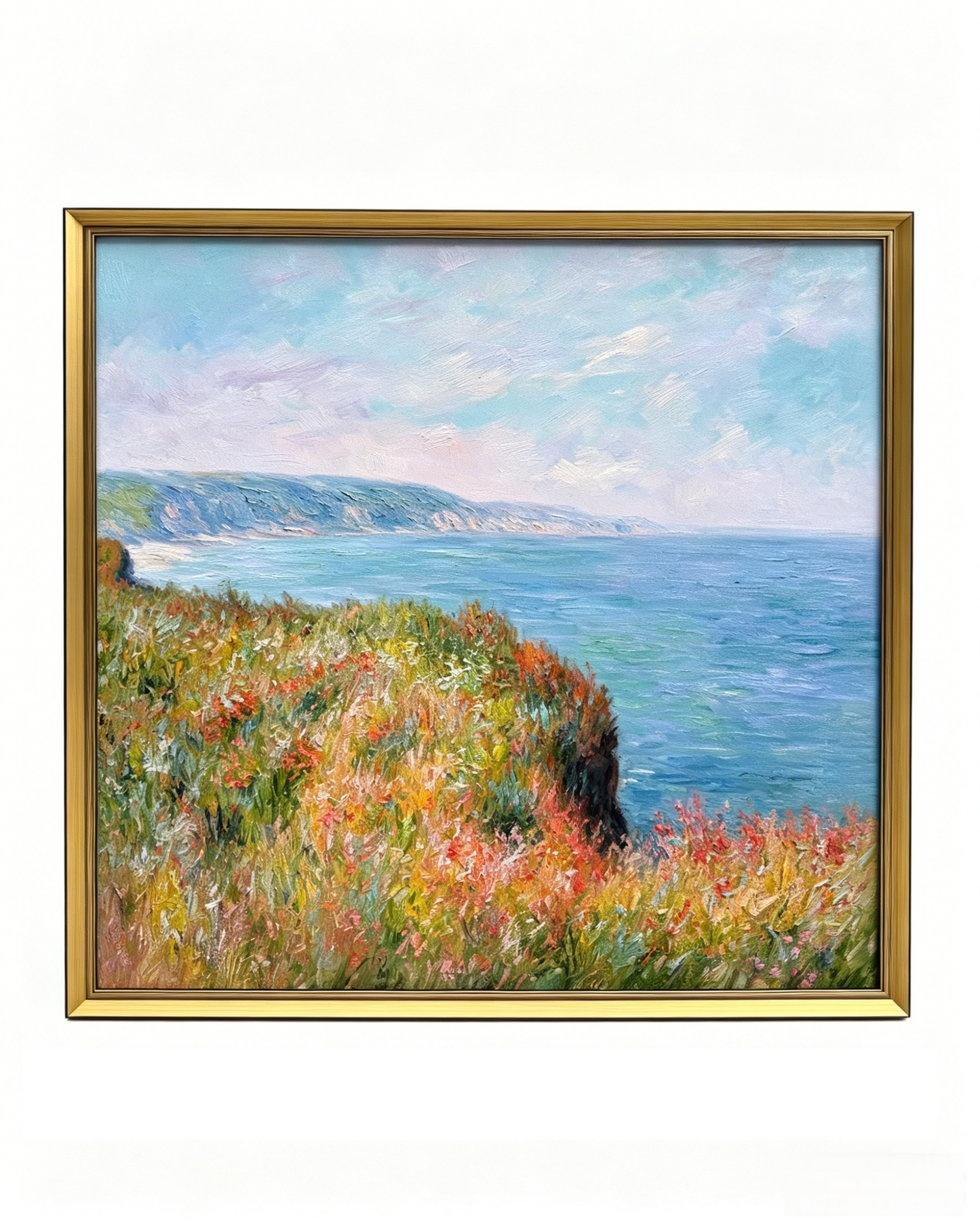Hand-painted Monet Cliffs at Pourville oil painting reproduction, framed impressionist coastal canvas wall art