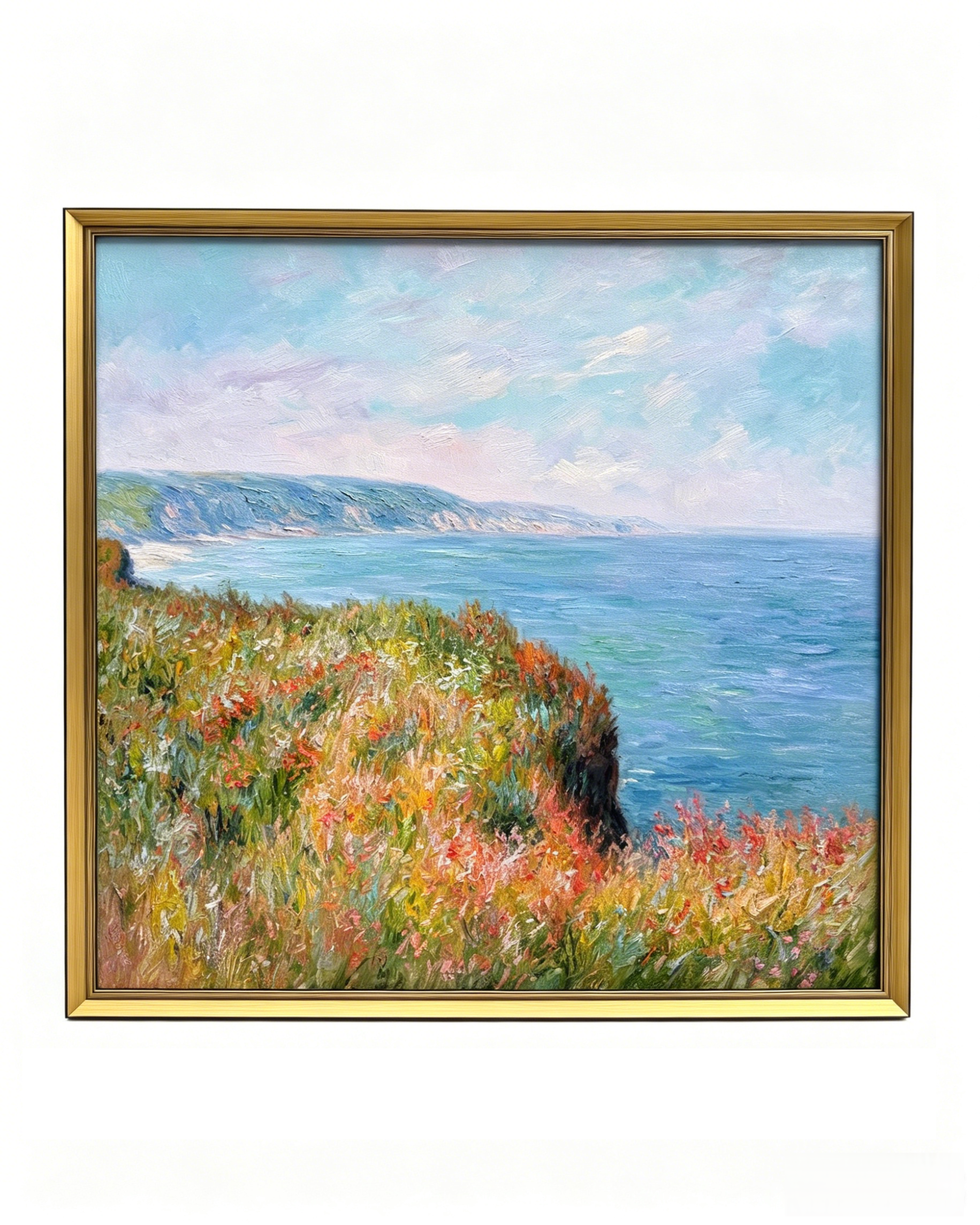 Hand-painted Monet Cliffs at Pourville oil painting reproduction, framed impressionist coastal canvas wall art