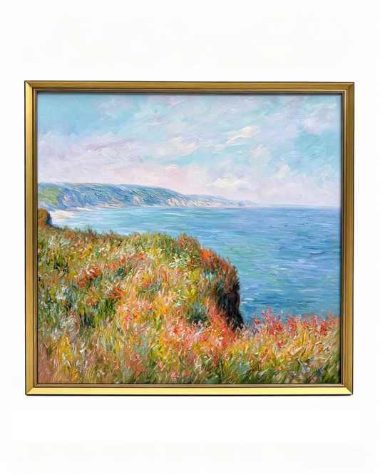 Hand-painted Monet Cliffs at Pourville oil painting reproduction, framed impressionist coastal canvas wall art