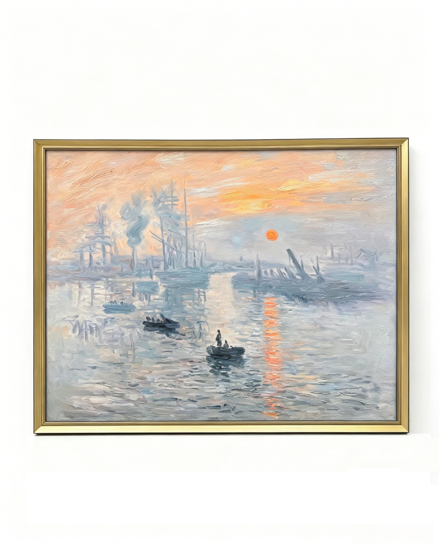 Framed Monet0impressionist sunrise oil paintingon a gallery clean white wall