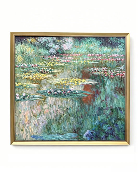 Hand-painted Monet Water Lilies oil painting reproduction, framed museum-quality impressionist canvas wall art for home decor