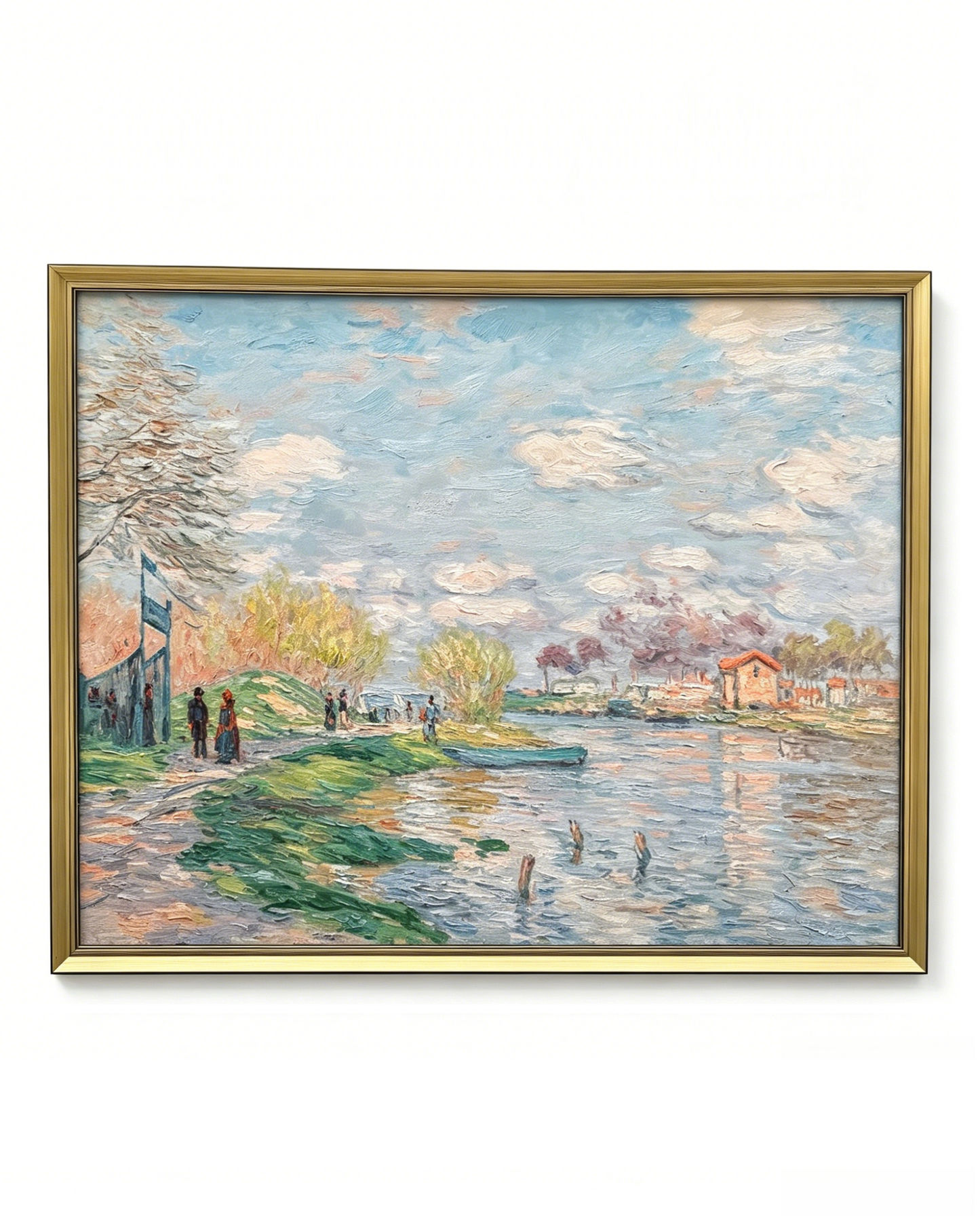 Hand-painted Monet Spring by the Seine oil painting reproduction, framed impressionist river landscape canvas wall art
