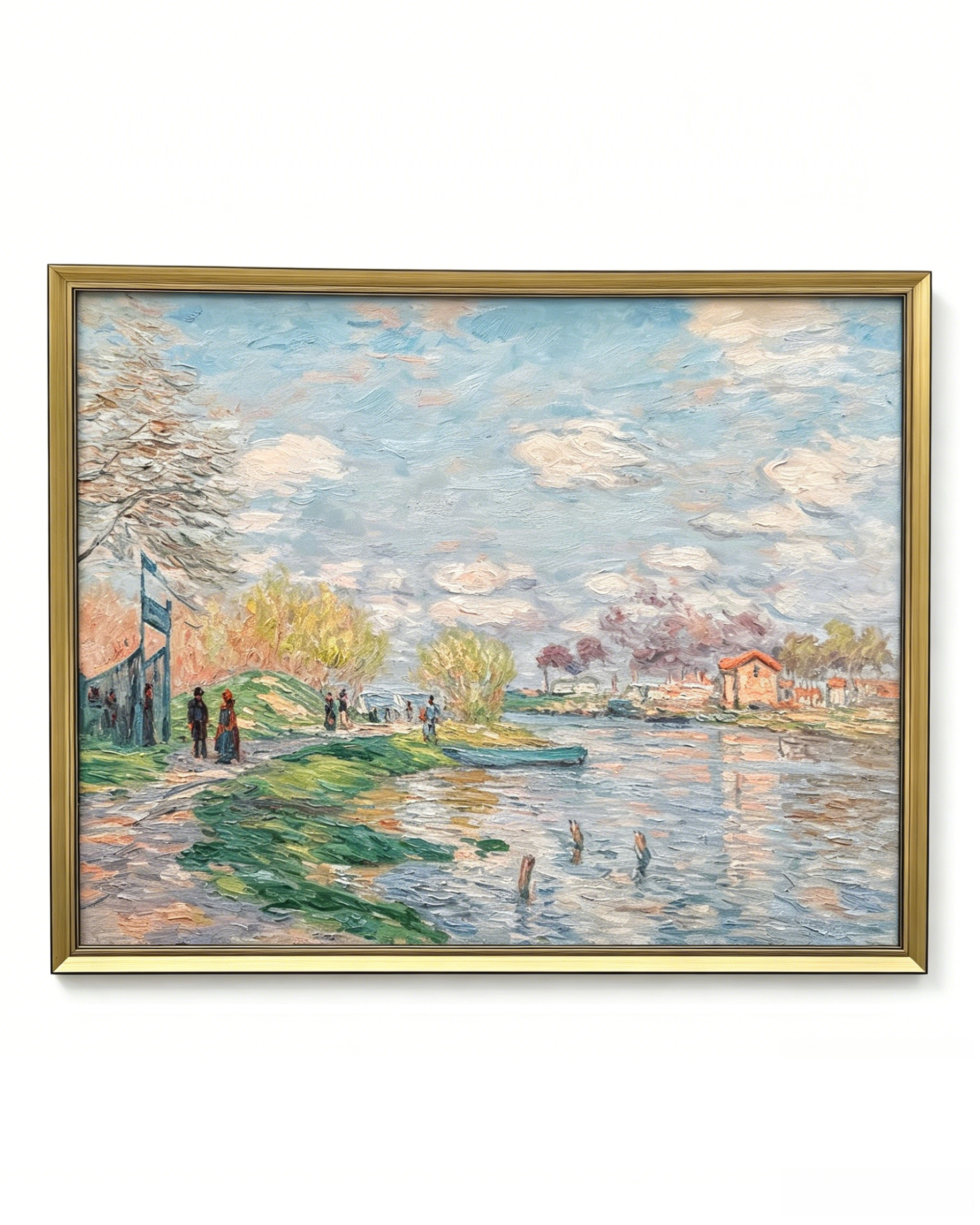 Hand-painted Monet Spring by the Seine oil painting reproduction, framed impressionist river landscape canvas wall art