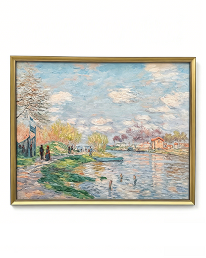 Hand-painted Monet Spring by the Seine oil painting reproduction, framed impressionist river landscape canvas wall art
