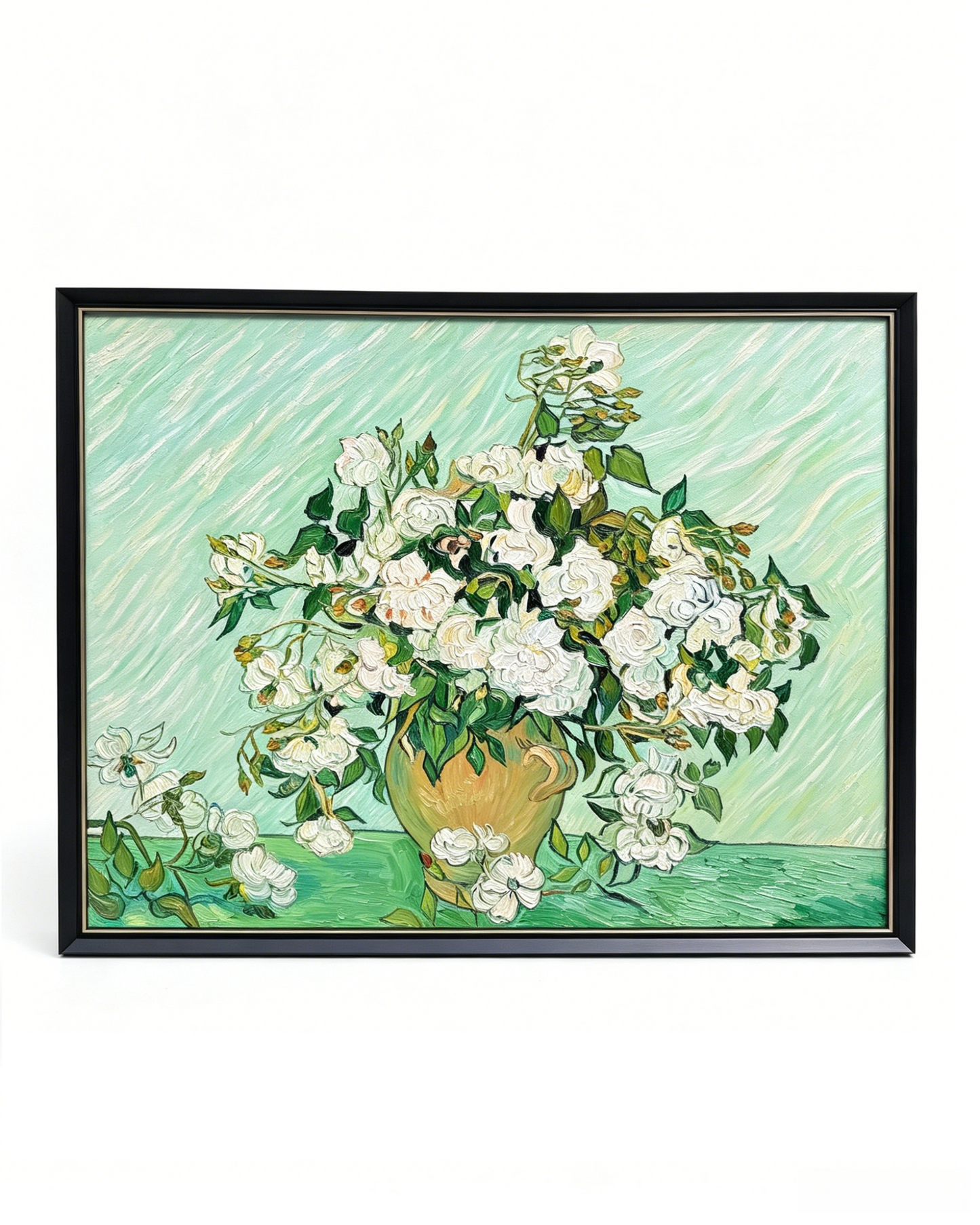 Hand-painted Van Gogh Vase with White Roses oil painting reproduction, framed impressionist floral canvas wall art