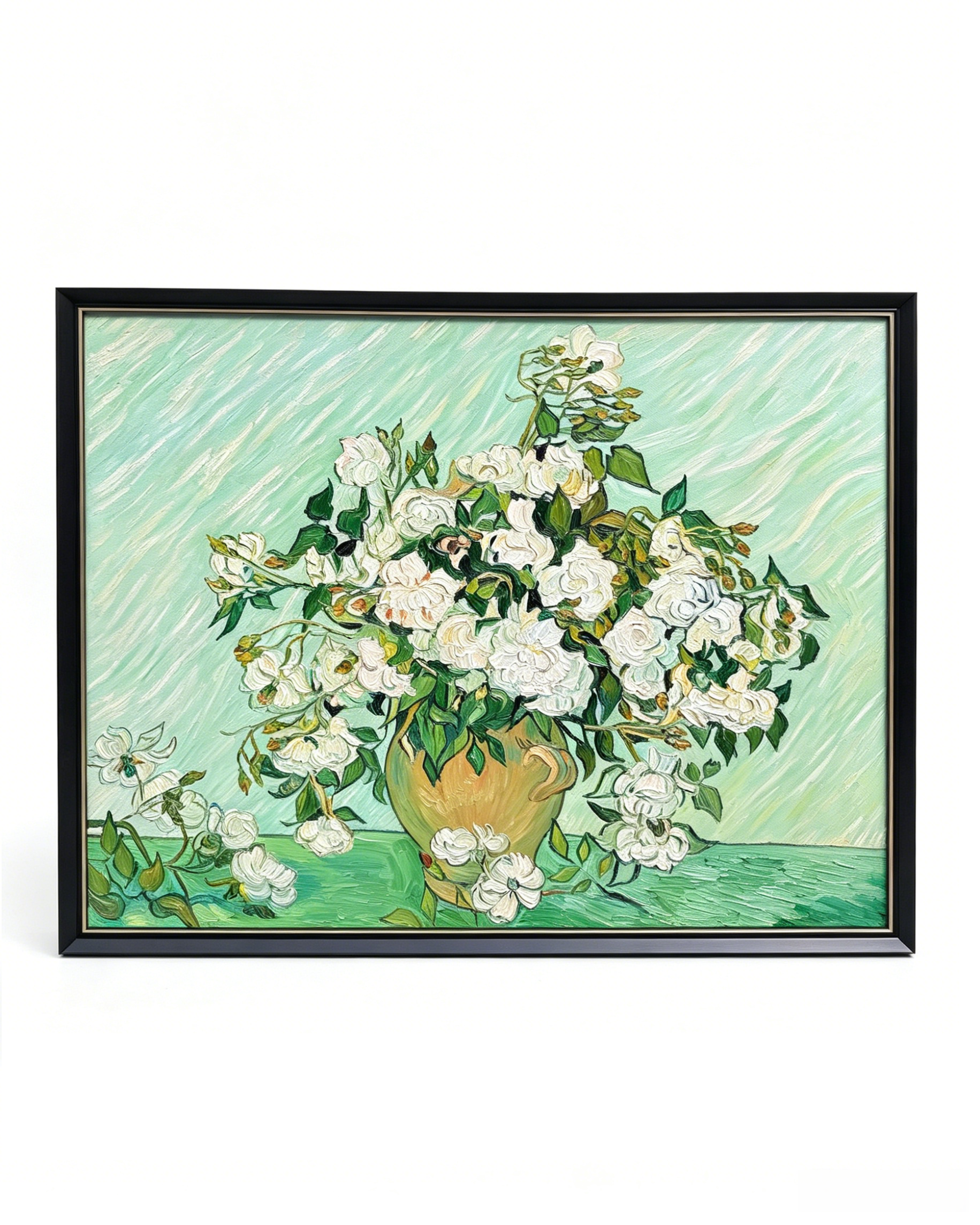 Hand-painted Van Gogh Vase with White Roses oil painting reproduction, framed impressionist floral canvas wall art