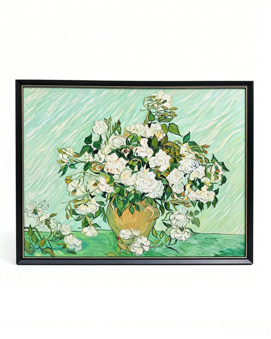 Hand-painted Van Gogh Vase with White Roses oil painting reproduction, framed impressionist floral canvas wall art