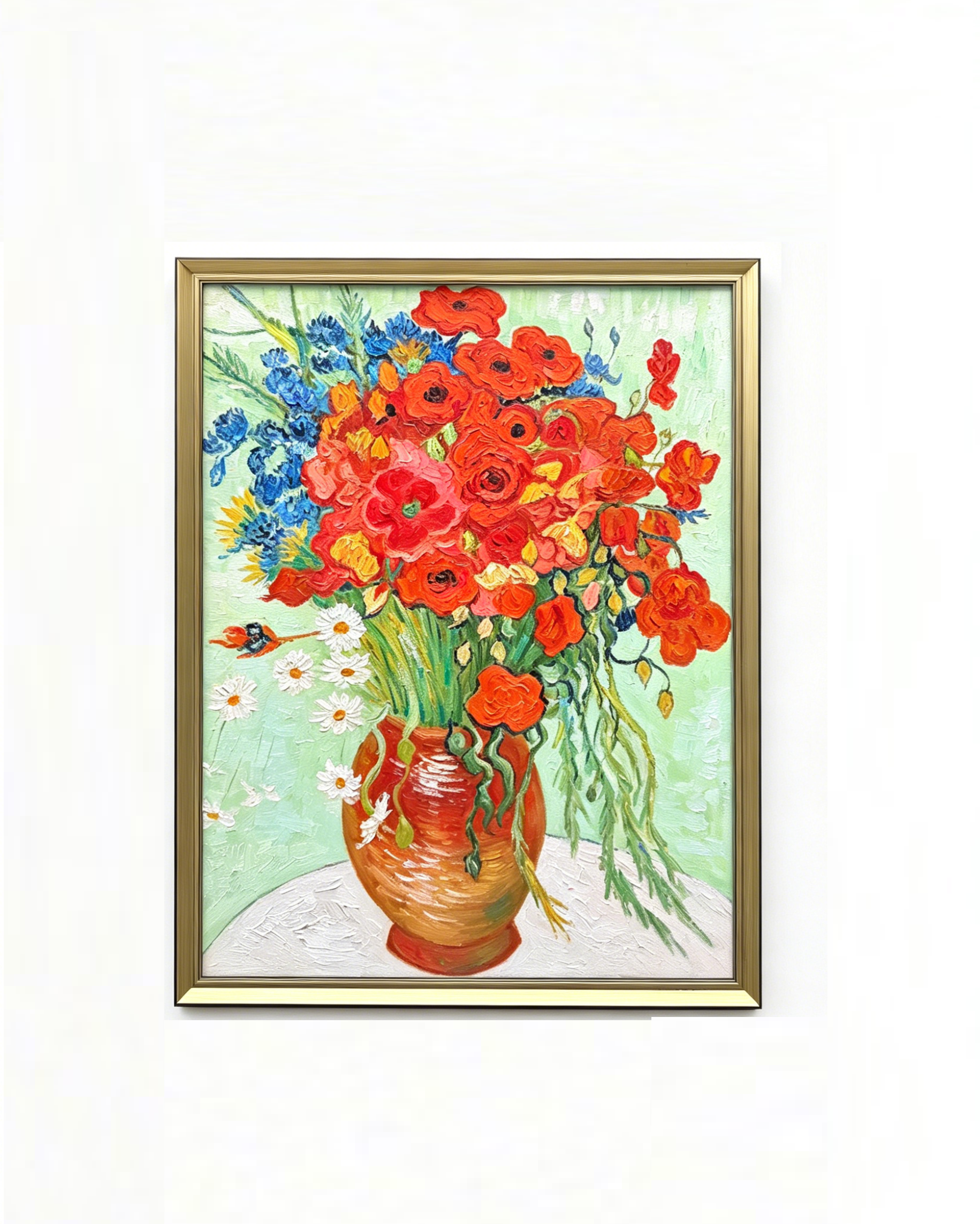 Hand-painted Van Gogh Vase with Red Poppies and Daisies oil painting reproduction, framed impressionist floral canvas wall art