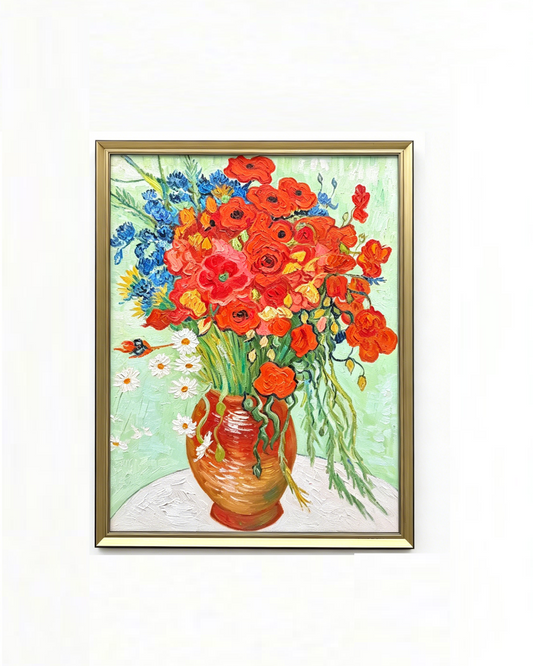 Hand-painted Van Gogh Vase with Red Poppies and Daisies oil painting reproduction, framed impressionist floral canvas wall art