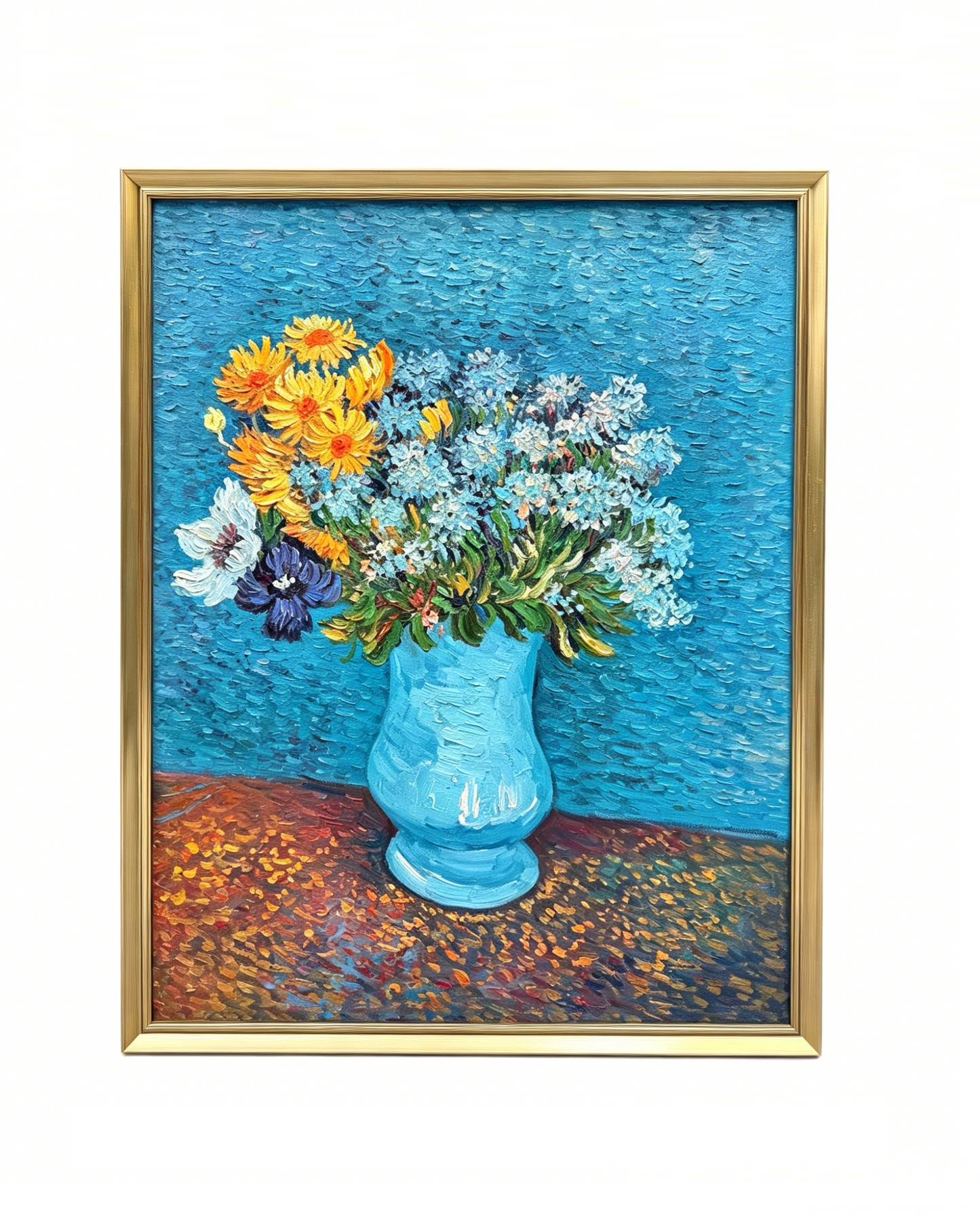 Hand-painted Van Gogh Vase with Cornflowers and Daisies oil painting reproduction, framed impressionist floral canvas wall art
