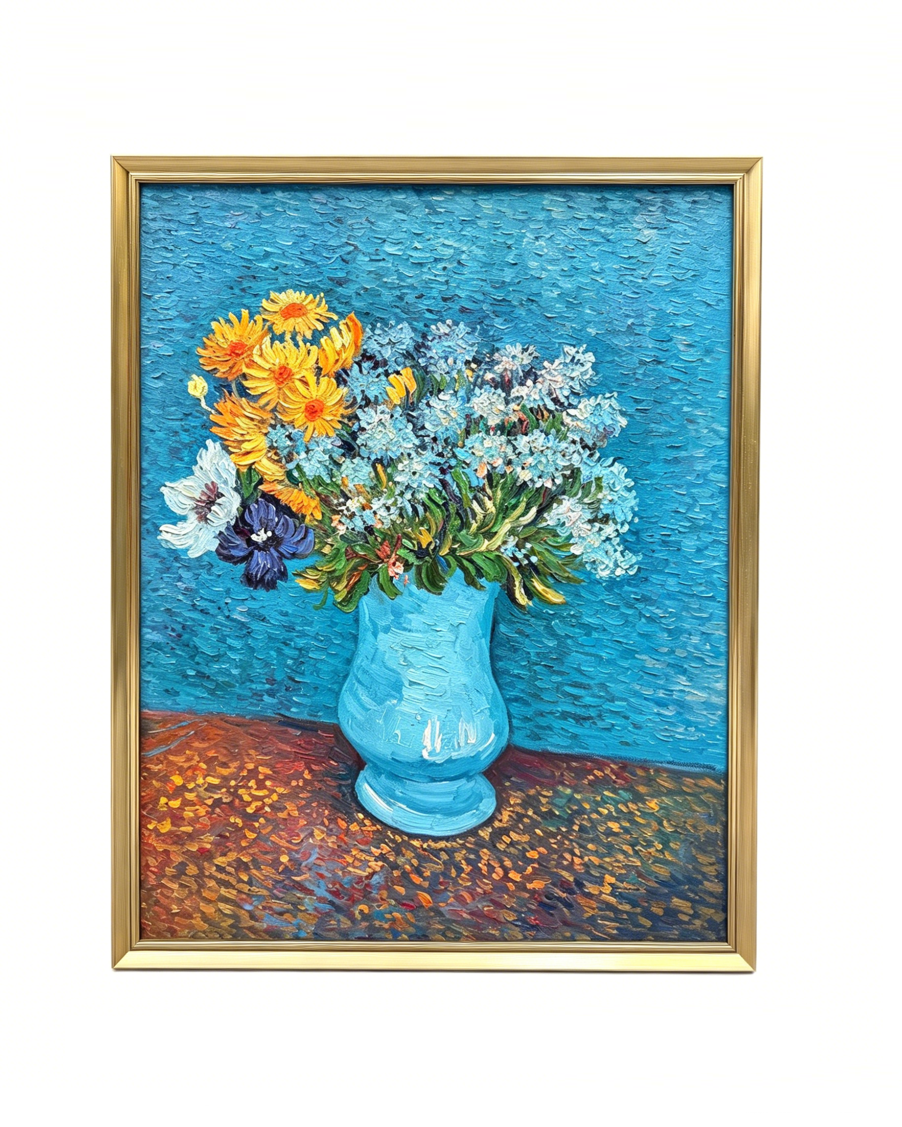 Hand-painted Van Gogh Vase with Cornflowers and Daisies oil painting reproduction, framed impressionist floral canvas wall art
