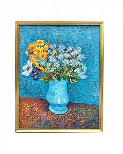 Hand-painted Van Gogh Vase with Cornflowers and Daisies oil painting reproduction, framed impressionist floral canvas wall art
