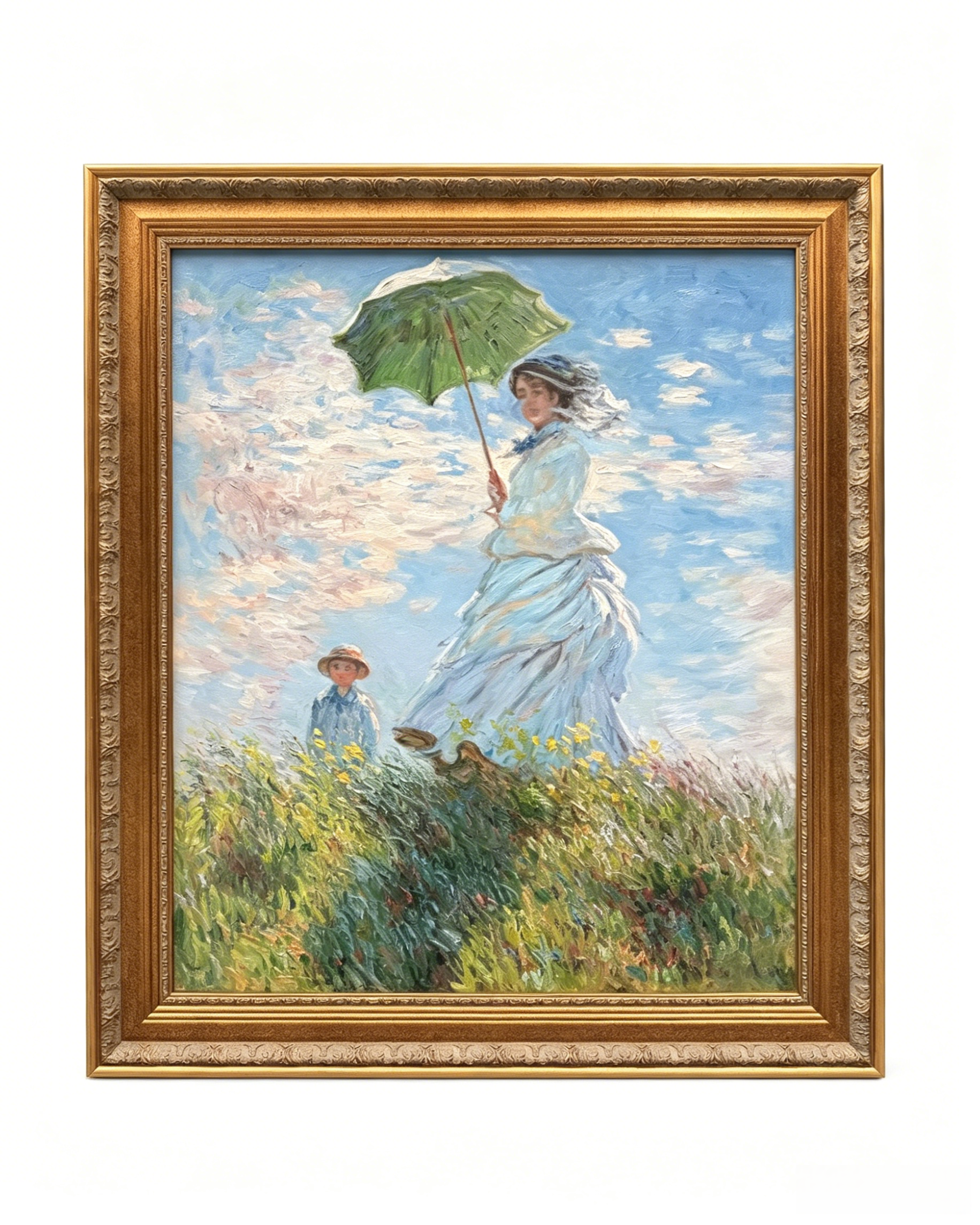 Hand-painted Monet Woman with a Parasol oil painting reproduction, framed impressionist canvas wall art for home decor