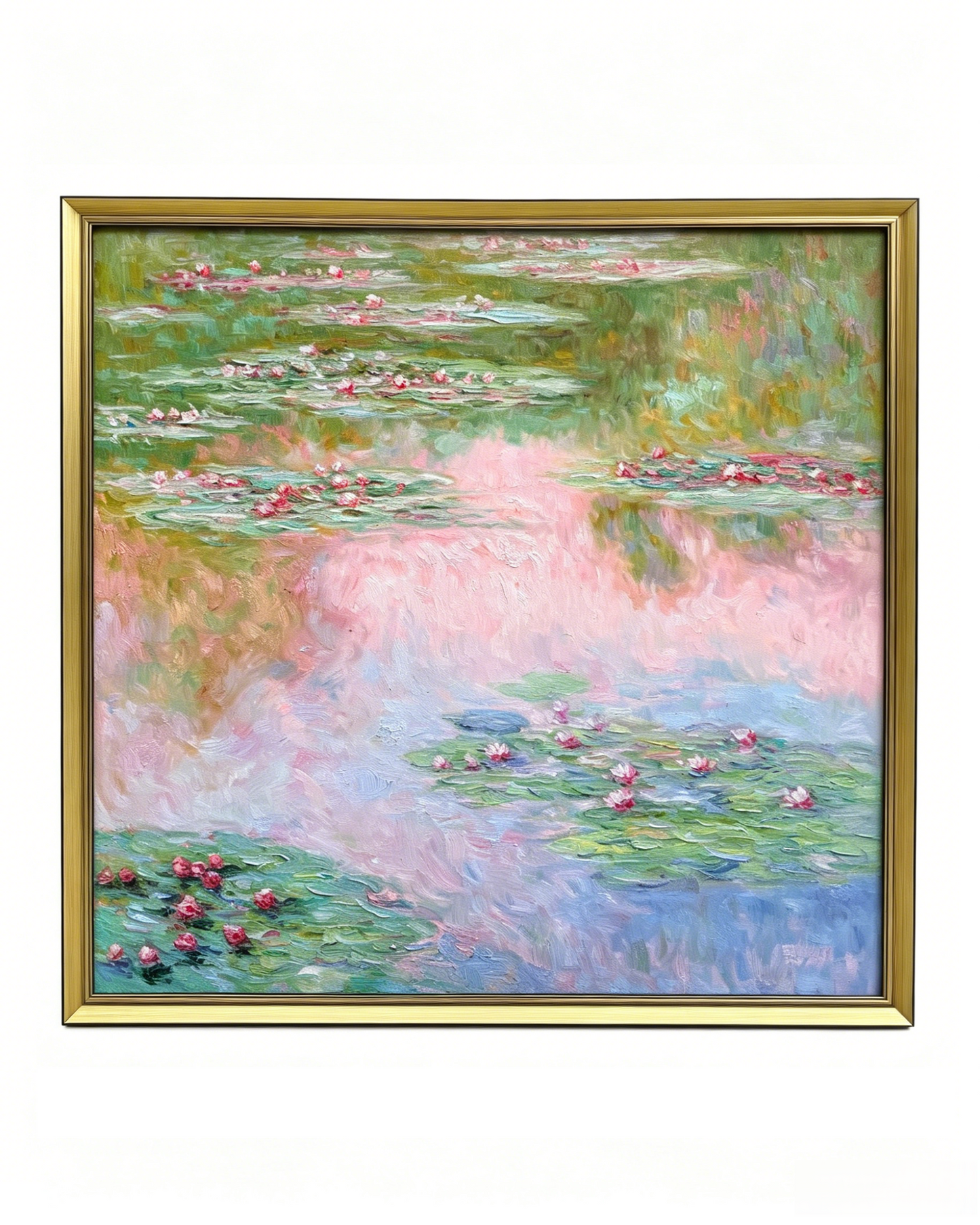 Hand-painted Monet Water Lilies with pink reflections oil painting reproduction, framed impressionist canvas wall art