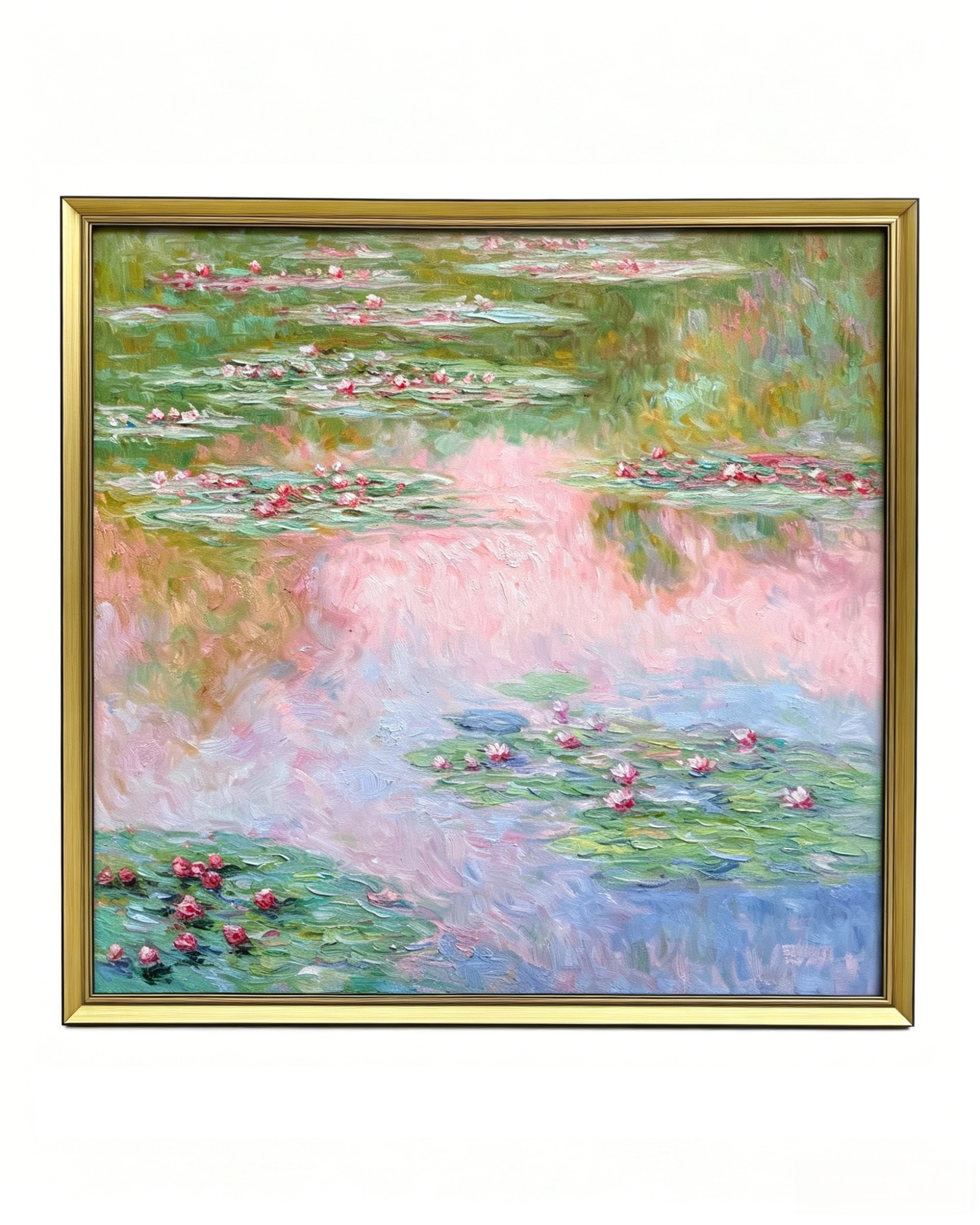 Hand-painted Monet Water Lilies with pink reflections oil painting reproduction, framed impressionist canvas wall art