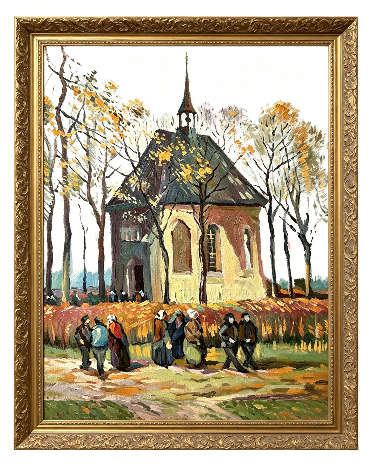 Van Gogh Church at Nuenen hand-painted oil painting in ornate gold frame