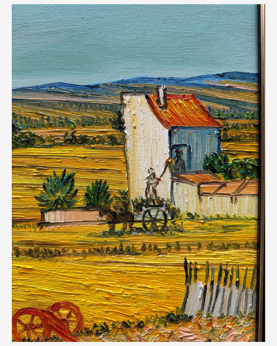 Detailed view of farmhouse and golden fields on hand-painted Van Gogh The Harvest reproduction