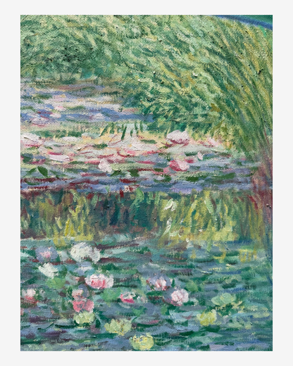 Detailed shot of the water lily pond reflections on this hand-painted Monet Japanese Footbridge oil painting