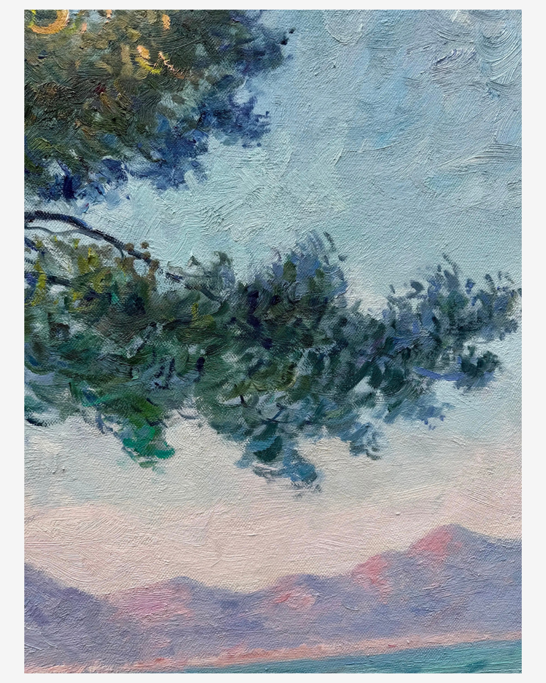 Close-up of thick textured brushstrokes on Monet Antibes handpainted oil painting pine foliage