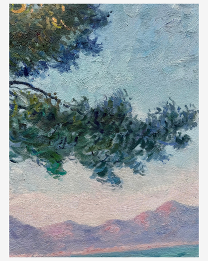 Close-up of thick textured brushstrokes on Monet Antibes handpainted oil painting pine foliage