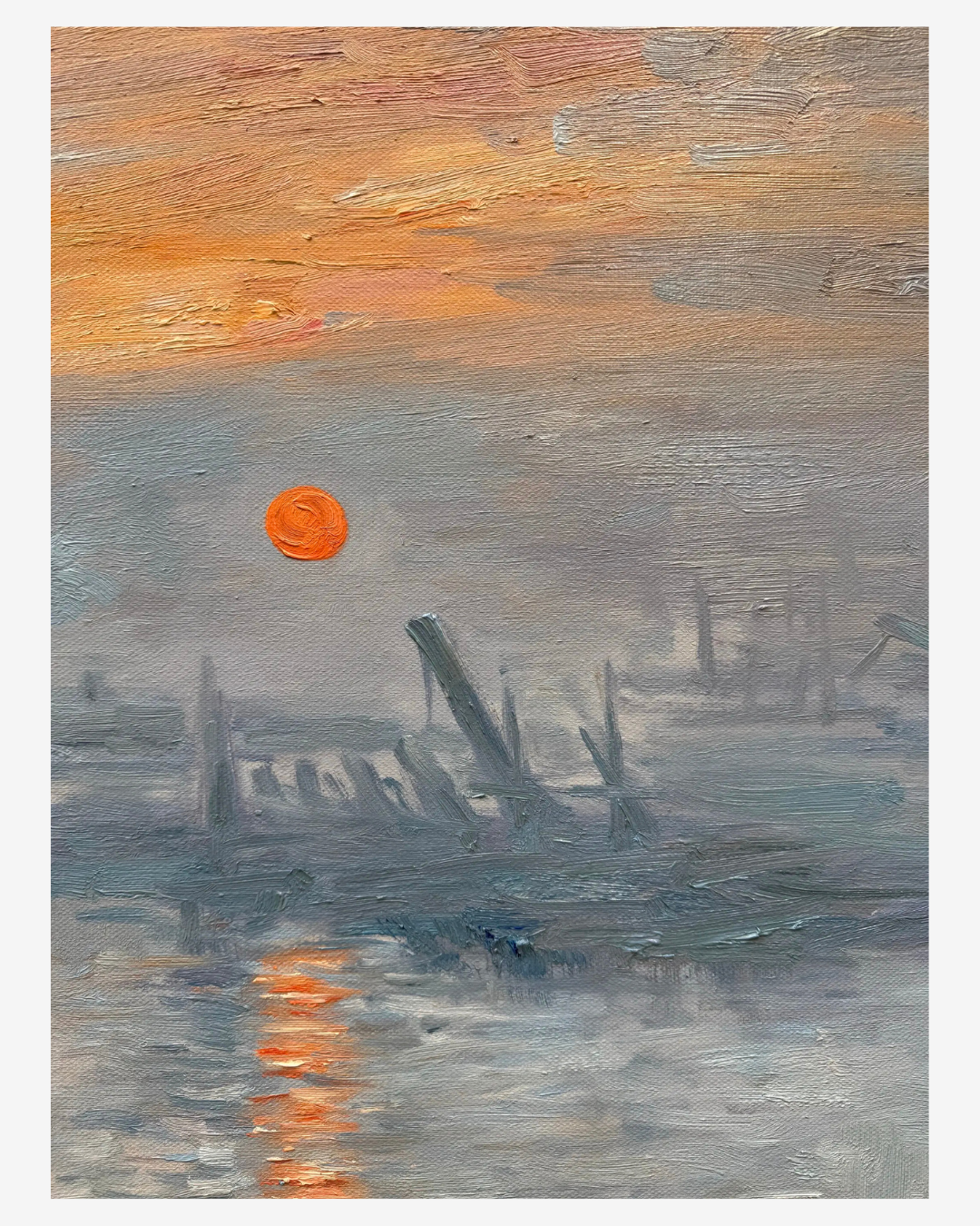 close-upview of the hand-painted orange sunand textured brushstrokes on
