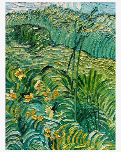 Detailed shot of green wheat and wildflowers on hand-painted Van Gogh Green Wheat Fields reproduction