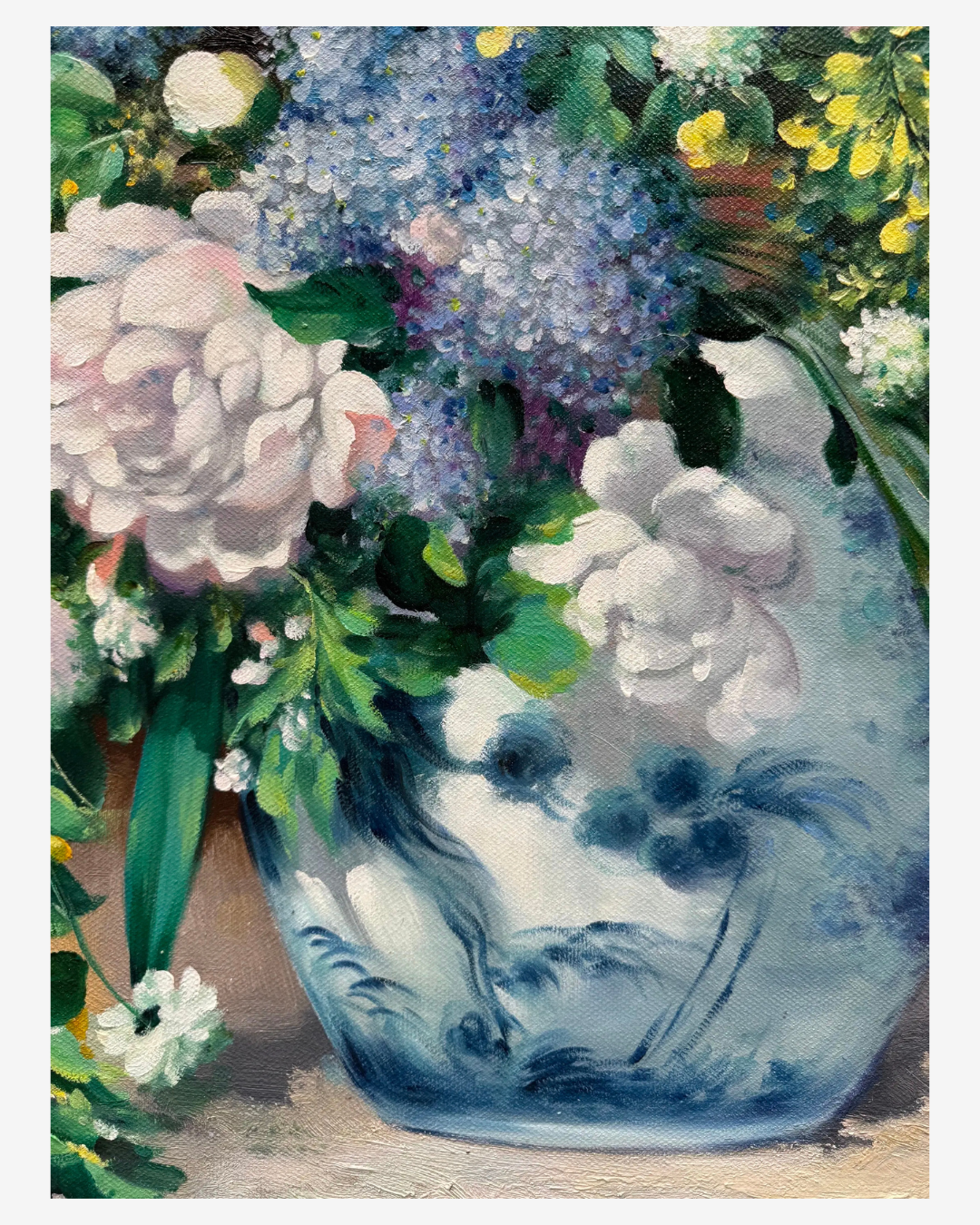 Close-up view of Renoir Floral Still Life oil painting, showing blue-and-white vase and flower details