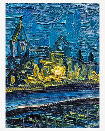 Detailed shot of swirling stars and golden reflections on hand-painted Van Gogh Starry Night Over the Rhône reproduction
