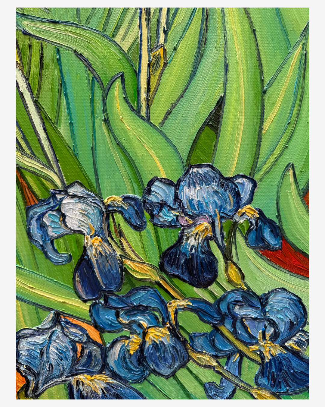 Macro detail of hand-painted blue irises from Van Gogh artwork, textured impasto oil paint closeup