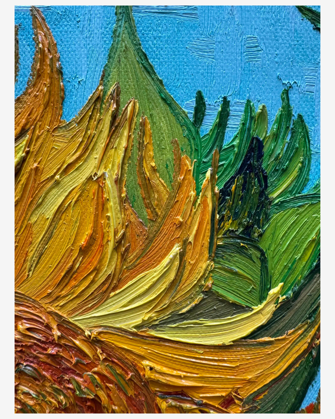 Van Gogh Three Sunflowers in a Vase museum quality reproduction – warm golden palette detail