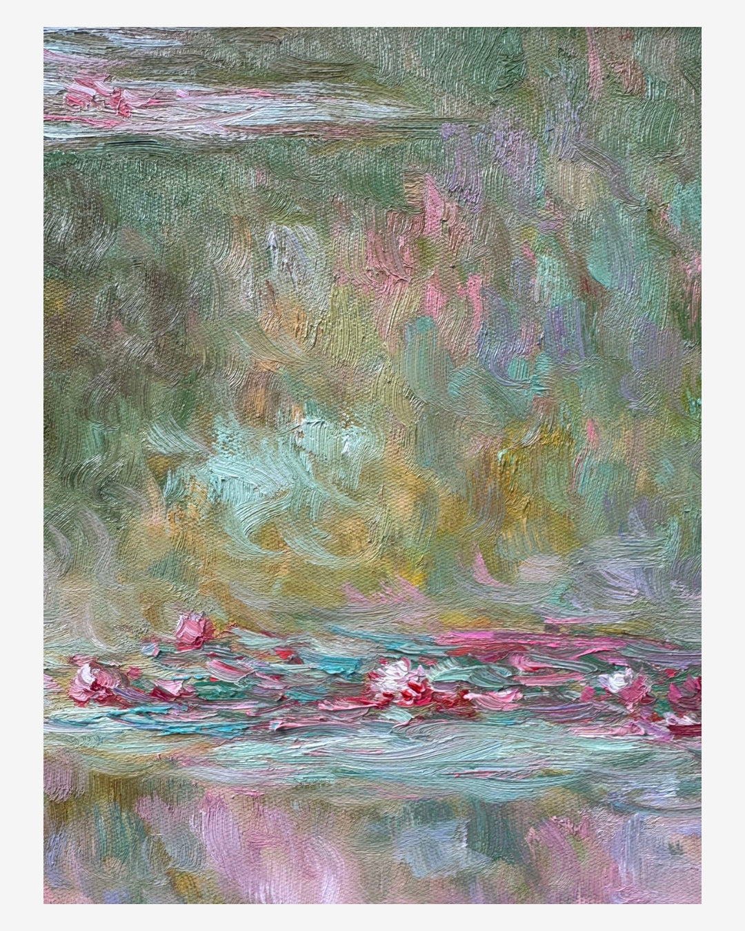 Detailed view of pink sky reflections on hand-painted Monet Water Lilies reproduction