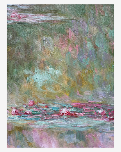 Detailed view of pink sky reflections on hand-painted Monet Water Lilies reproduction