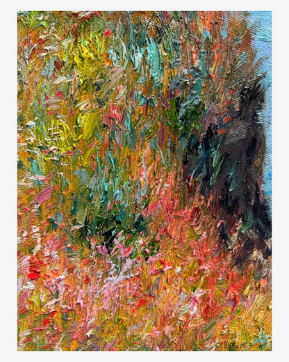 Close-up view of vibrant wildflowers and cliff brushstrokes on Monet Cliffs at Pourville oil painting