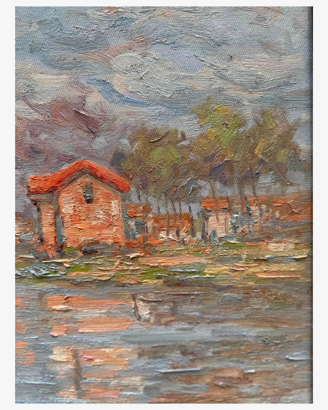 Detailed shot of the riverbank houses and water reflections on hand-painted Monet Spring by the Seine reproduction