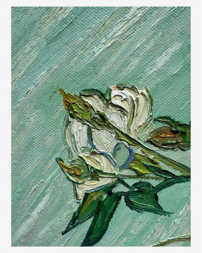 Detailed shot of a white rose bud and mint-green background on hand-painted Van Gogh White Roses reproduction