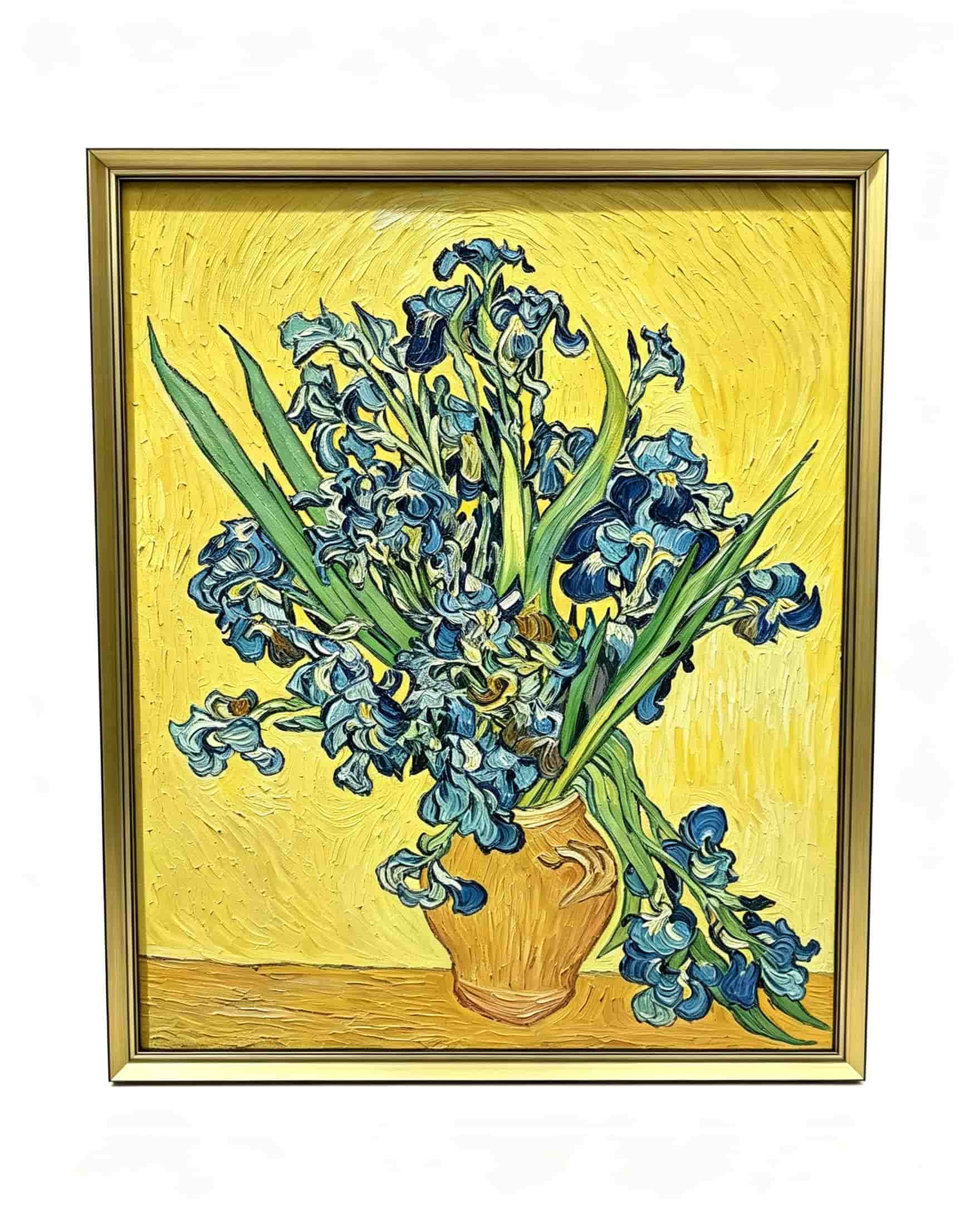 Handpainted Van Gogh Vase with Irises oil painting reproduction gold framed yellow background floral wall art