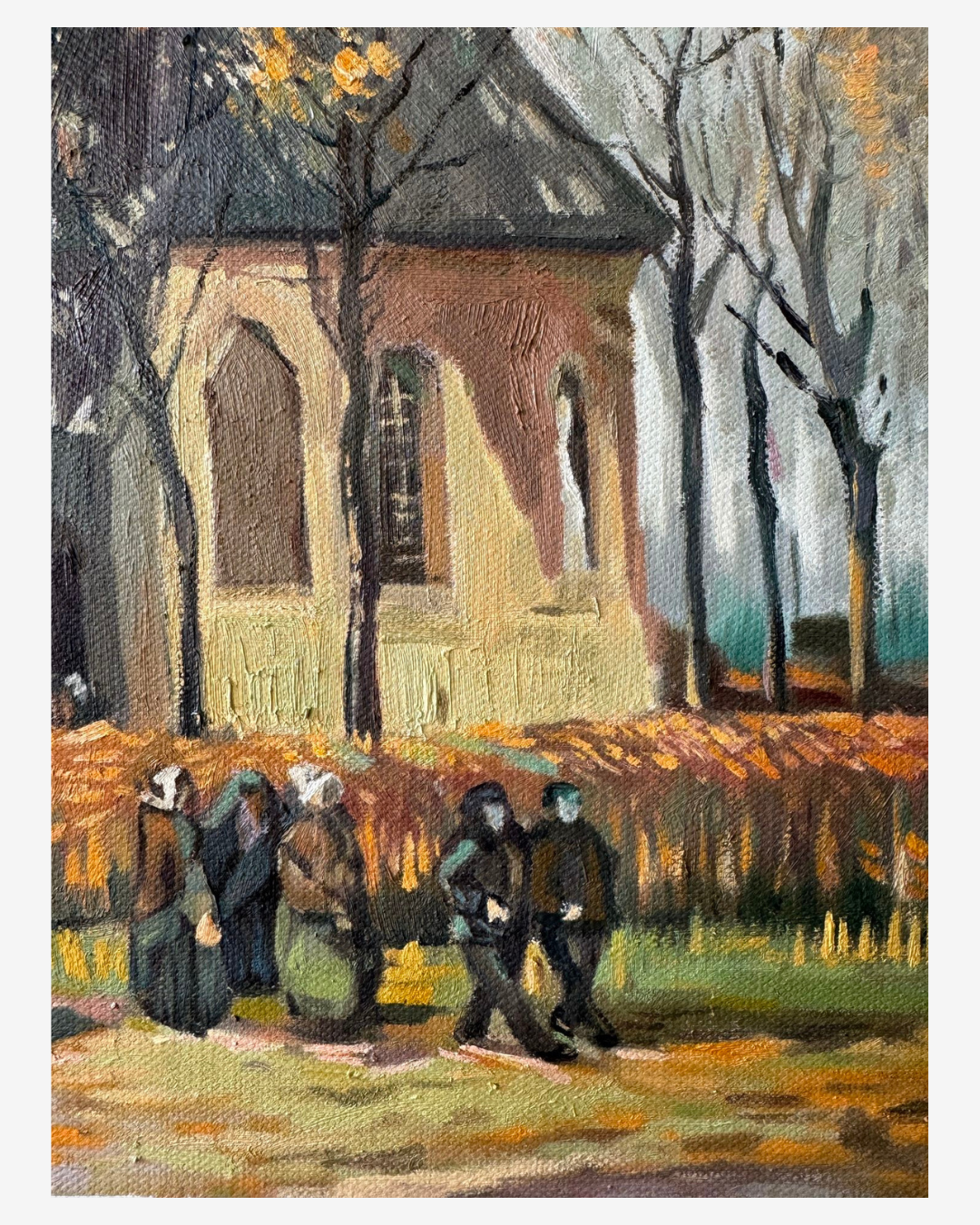 Close-up detail of Van Gogh Church at Nuenen oil painting showing figures and autumnal trees